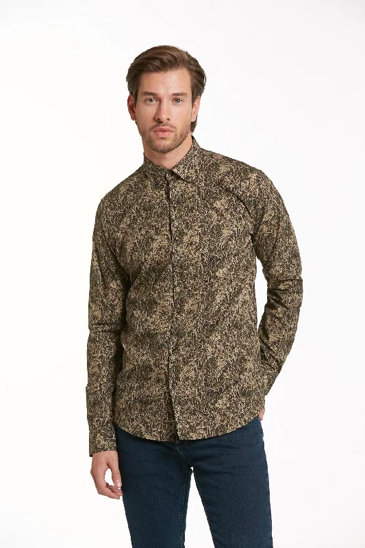 Comfort Fit Brush Stroke Printed Cotton Khaki Casual Shirt Traditional Men's Wool