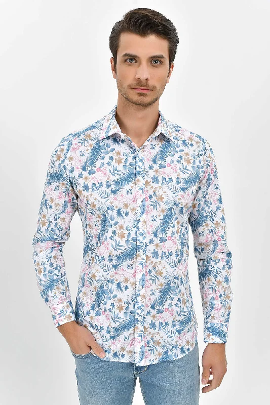 Slim Fit Long Sleeve Printed Cotton Pink Casual Shirt Practical Men's Multi