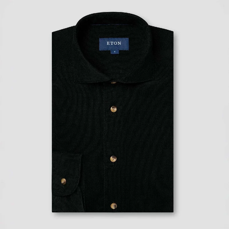 Black Fine Wale Corduroy Slim Fit Casual Shirt - ETON Sporty Men's Athleisure 