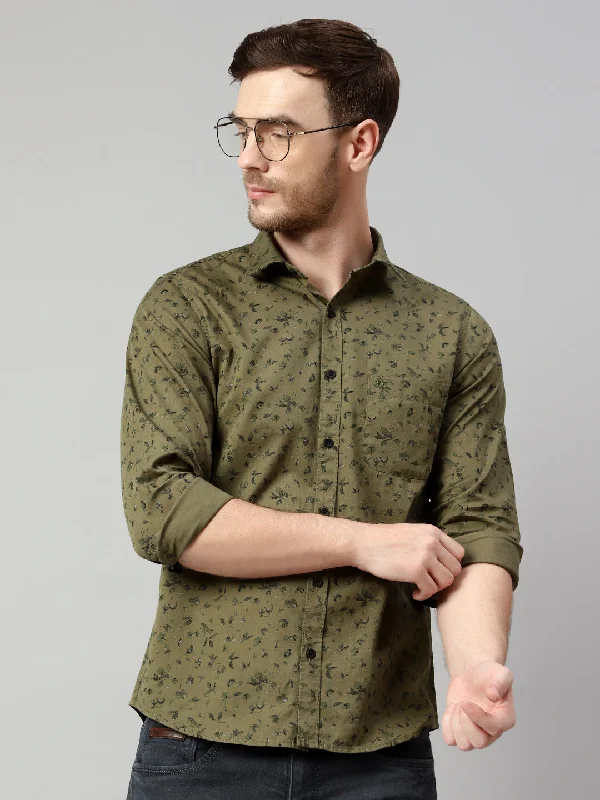 Men's Olive Green Casual Floral Print Full Sleeve Shirt Tough Men's Military