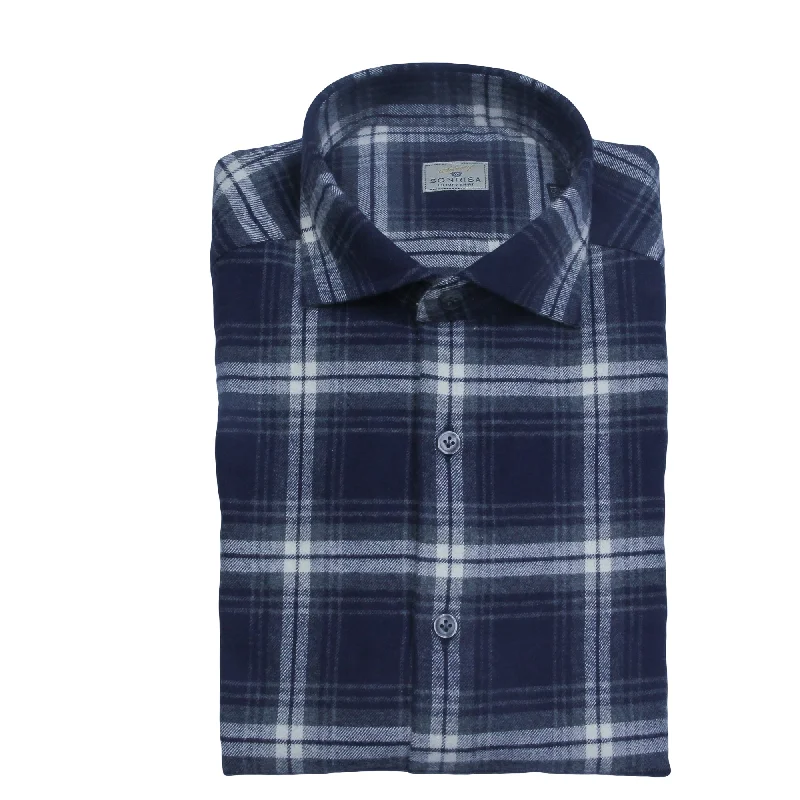 Navy Blue Check Cotton Flannel Shirt - SONRISA Streetwear Style