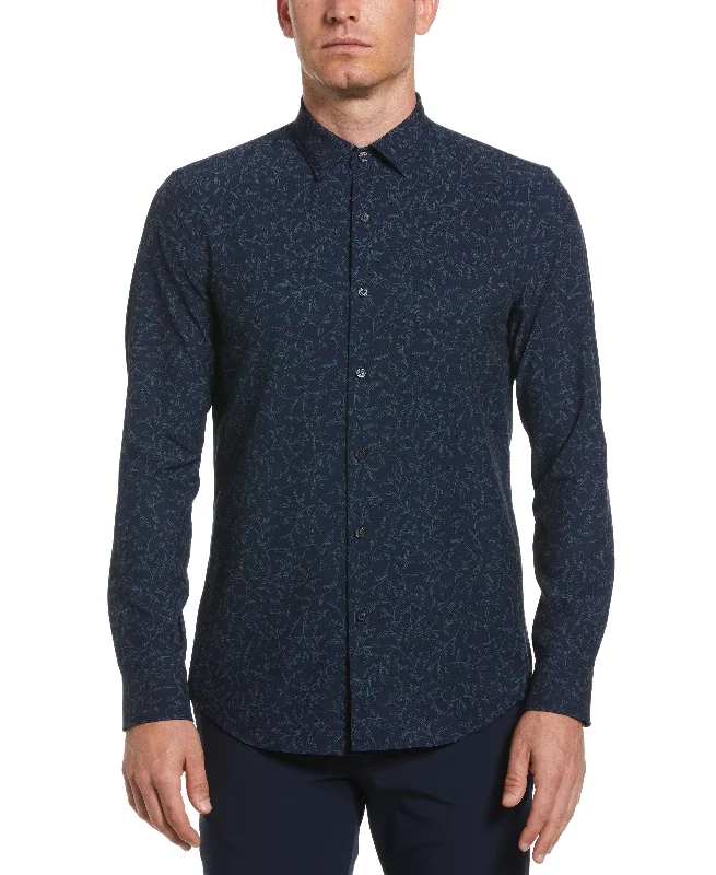 Untucked Total Stretch Slim Fit Leaf Print Shirt - Navy Blue Sporty Men's Athleisure 