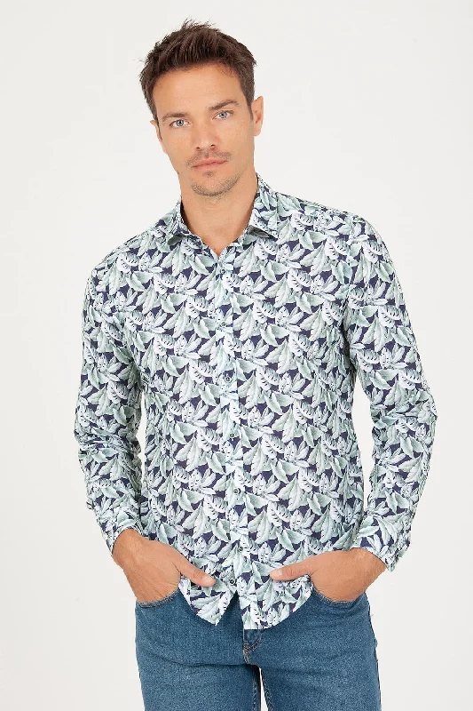 Slim Fit Floral Printed Cotton Green Casual Shirt Practical Men's Quick