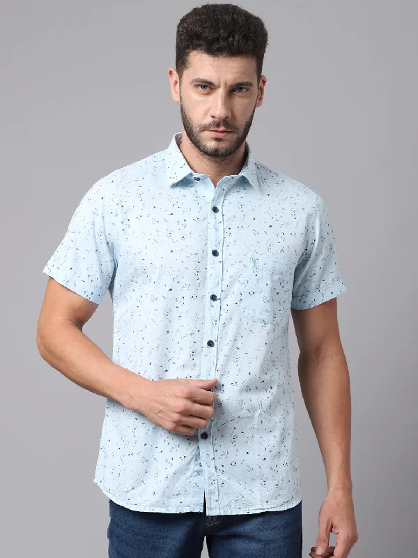 Men's Sky Blue Casual Floral Ditsy Print Half Sleeve Shirt Beach