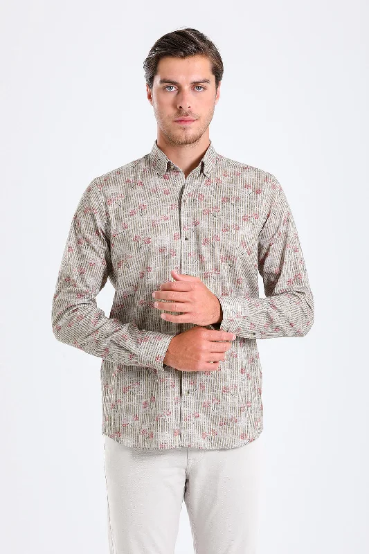 Comfort Fit Palm Tree Printed Cotton Khaki Casual Shirt Casual Men's Loose