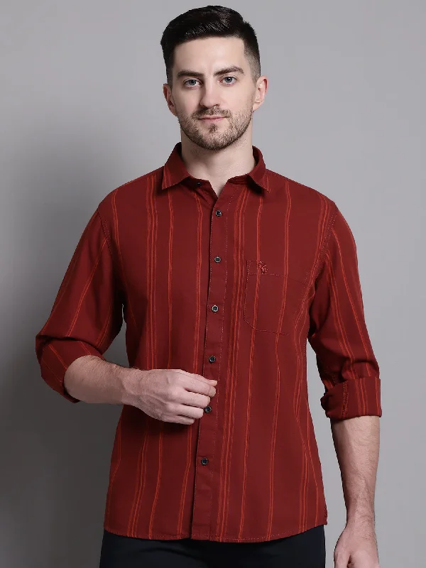 Men's Maroon Casual Broad Stripe Full Sleeve Shirt Elegant Men's Cashmere