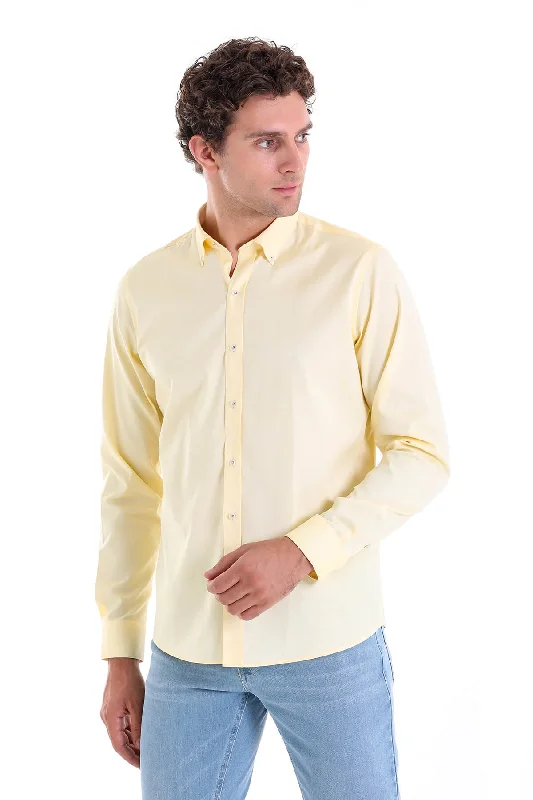 Comfort Fit Long Sleeve Cotton Yellow Casual Shirt Unique Men's Patch