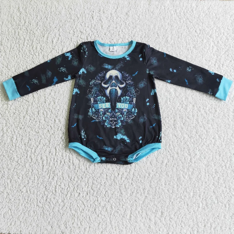 LR0091 Halloween Blue Ghost Cartoon Girls Long Sleeve Romper Polished Men's Satin