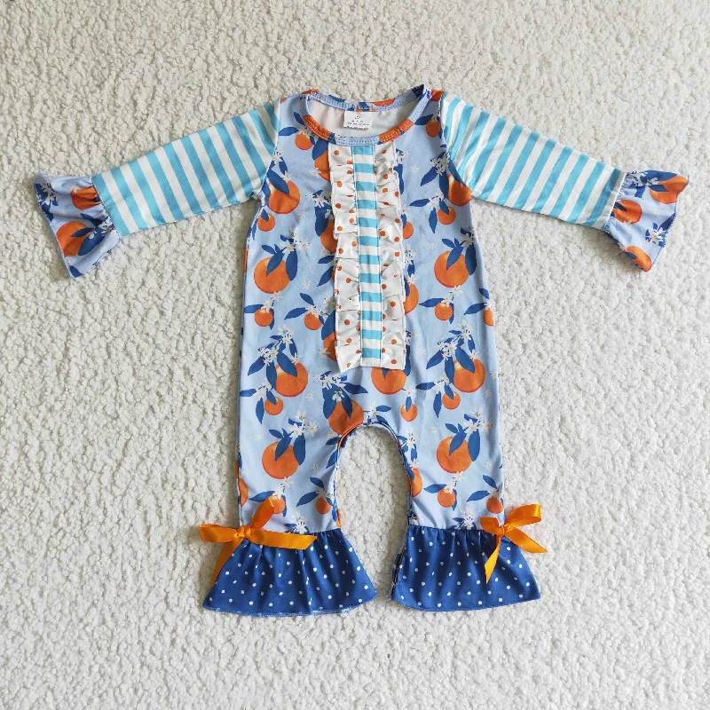 LR0172 Orange Fruit Peach Blue Stripes Dots  Girls Long Sleeve Romper Earthy Men's Sustainable 