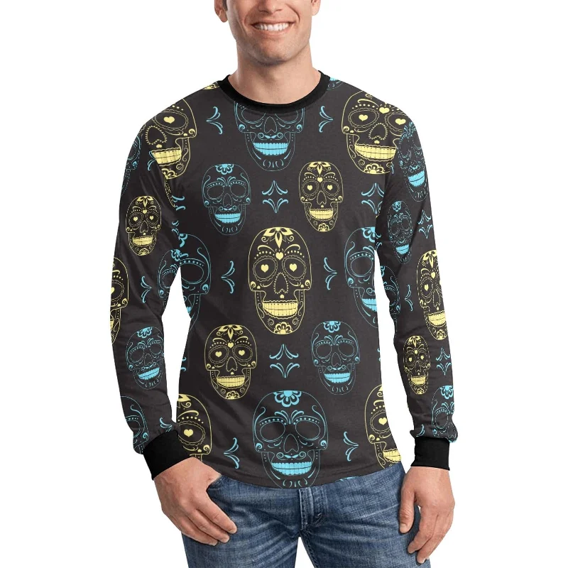 Men's Skull Monochrome Gold Blue Black Long Sleeve T-shirt Polished Men's Silk