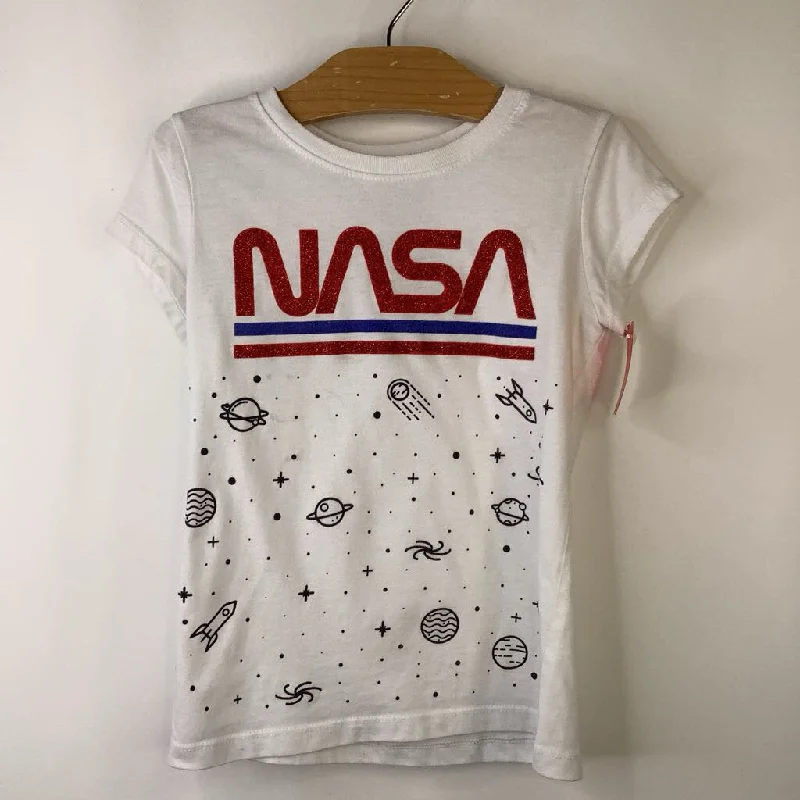 Size 6: NASA White Red & Blue Sparkly Planets/Stars/Space Ships T-Shirt Monochromatic All