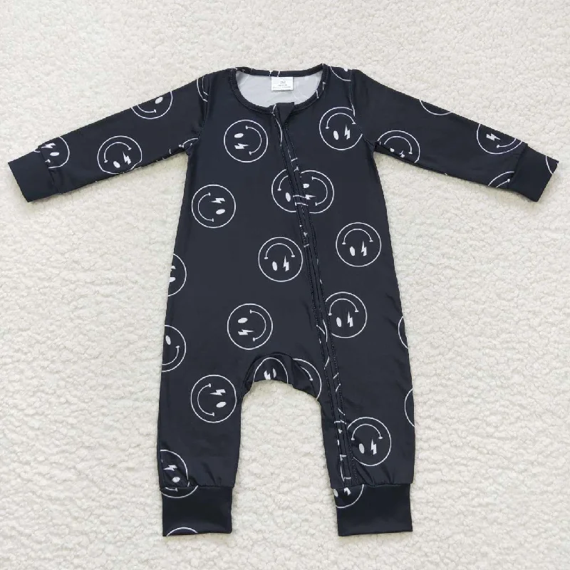 LR0654 Black Smile Emoji  Zipper Girls Long Sleeve Romper Bold Men's Statement