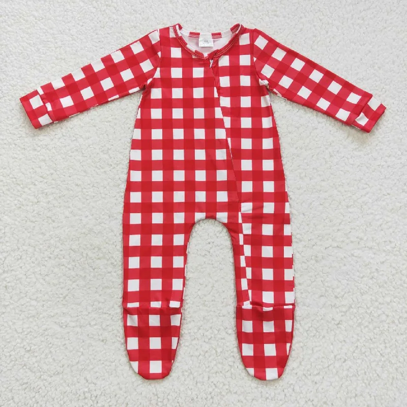 LR0549   Red Plaid Zipper Girls Long Sleeve Romper Refined Men's European