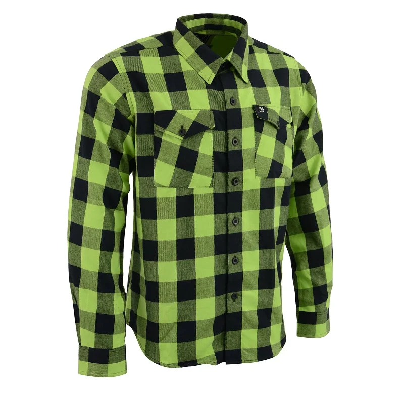 Milwaukee Leather Men's Flannel Plaid Shirt Black and Neon Green Long Sleeve Cotton Button Down Shirt MNG11632 Athletic Men's High