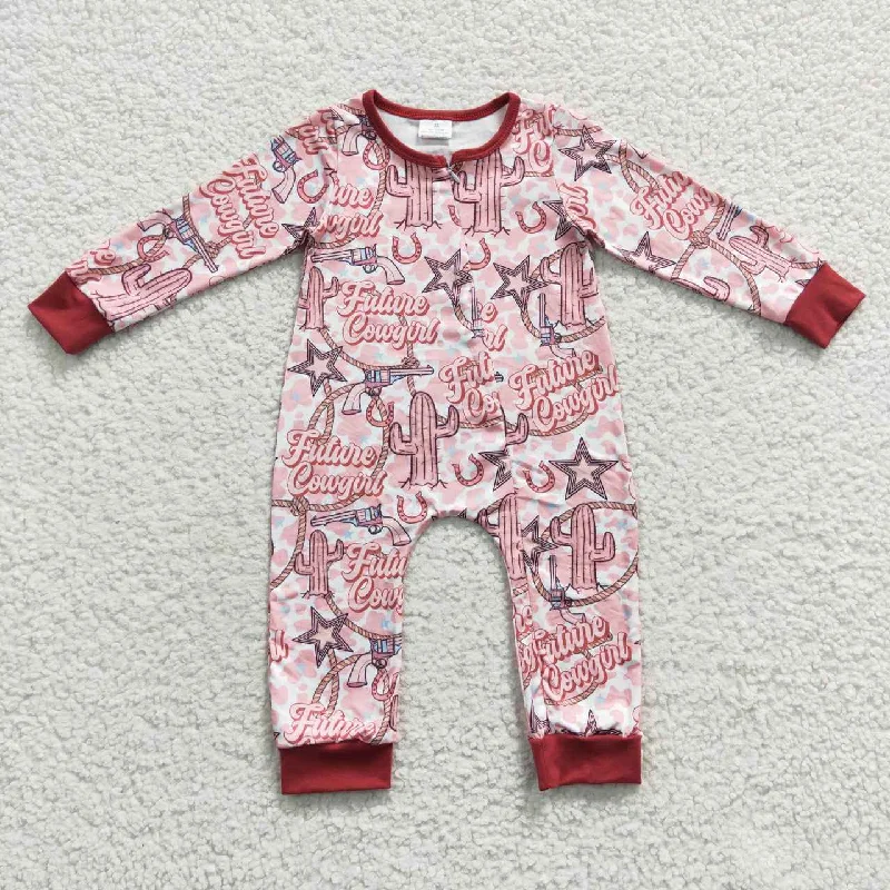 LR0306 Red Future Cowgirl Cactus  Print   Zipper Girls Long Sleeve Romper Laid