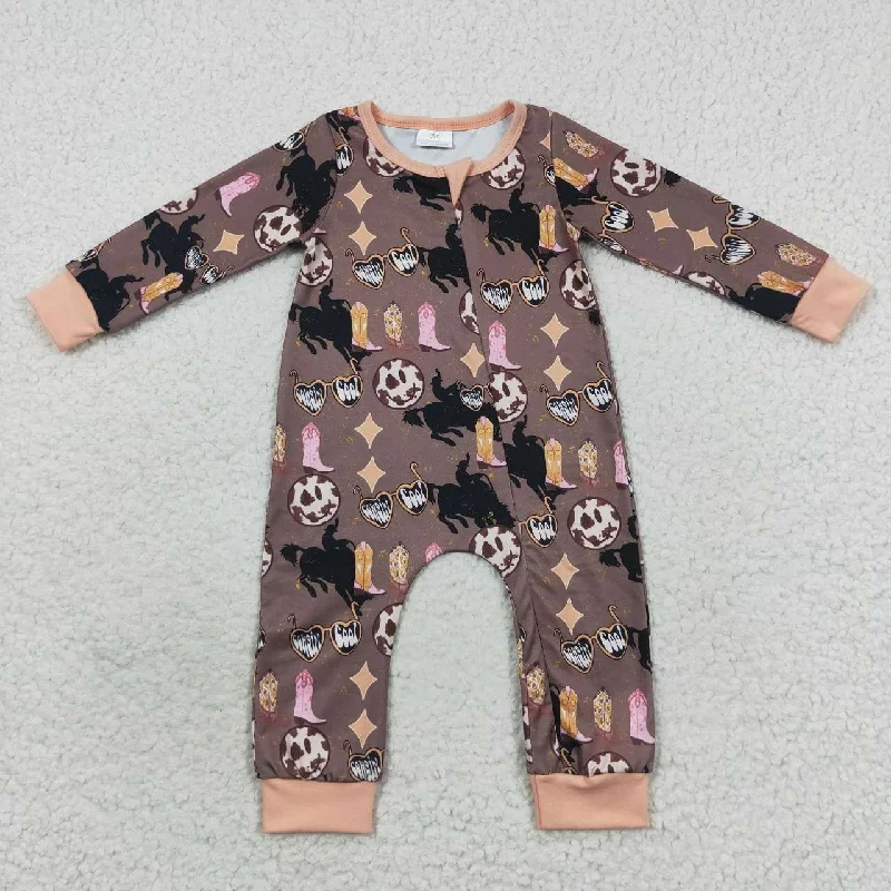 LR0482 Brown Rodeo Cowboy Zipper Girls Long Sleeve Romper Refined Men's Classic 