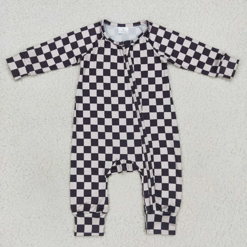 LR0655 Black Plaid  Zipper Girls Long Sleeve Romper Streetwear Style