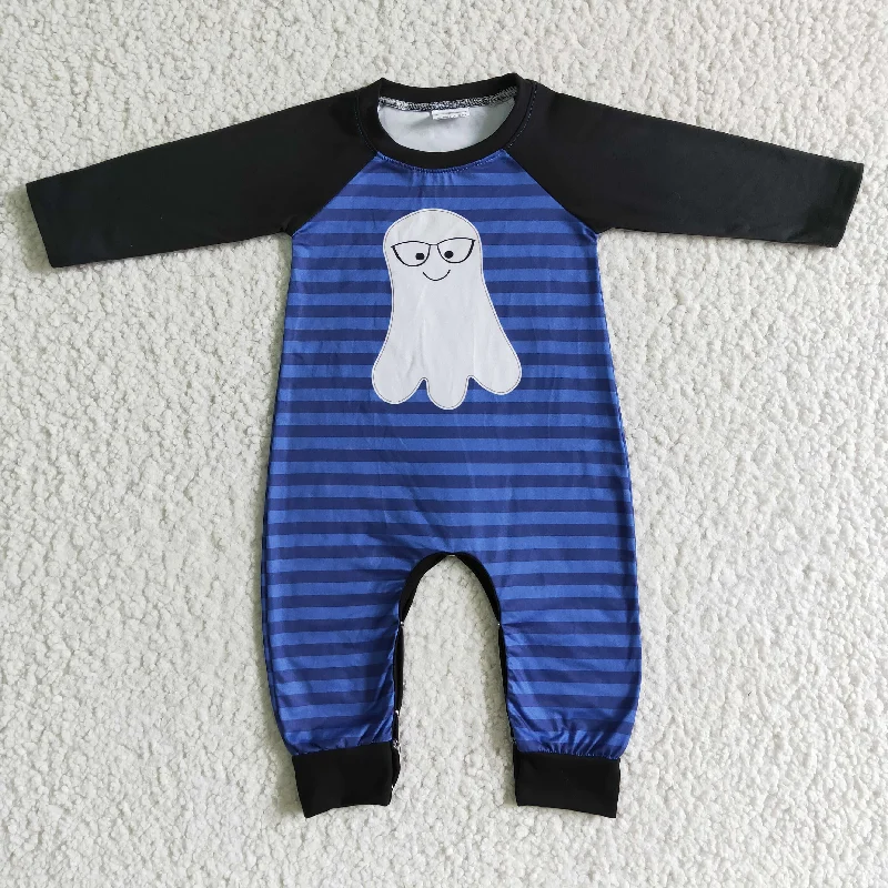 LR0066 Halloween Glasses Ghost Cartoon Black Blue Stripes Boys Long Sleeve Romper Refined Men's Hand