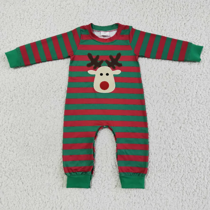 LR0028 Christmas Green Red Stripes Deer Cartoon Embroidery Boys Long Sleeve Romper Cclassic Men's Tweed