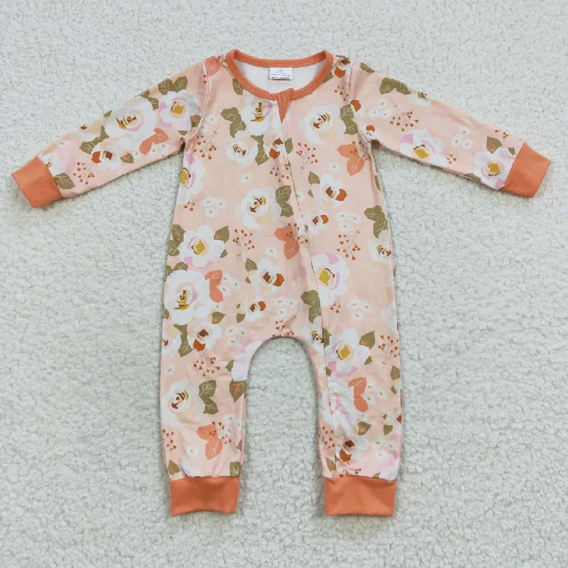 LR0476 Orange Floral Print Zipper Girls Long Sleeve Romper Earthy Men's Hemp