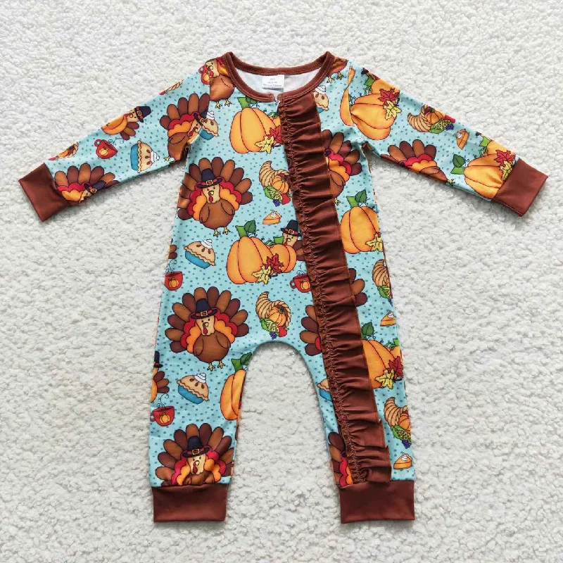 LR0580 Thanksgiving Turkey Pumpkin Zipper Girls Long Sleeve Romper Sophisticated Men's French