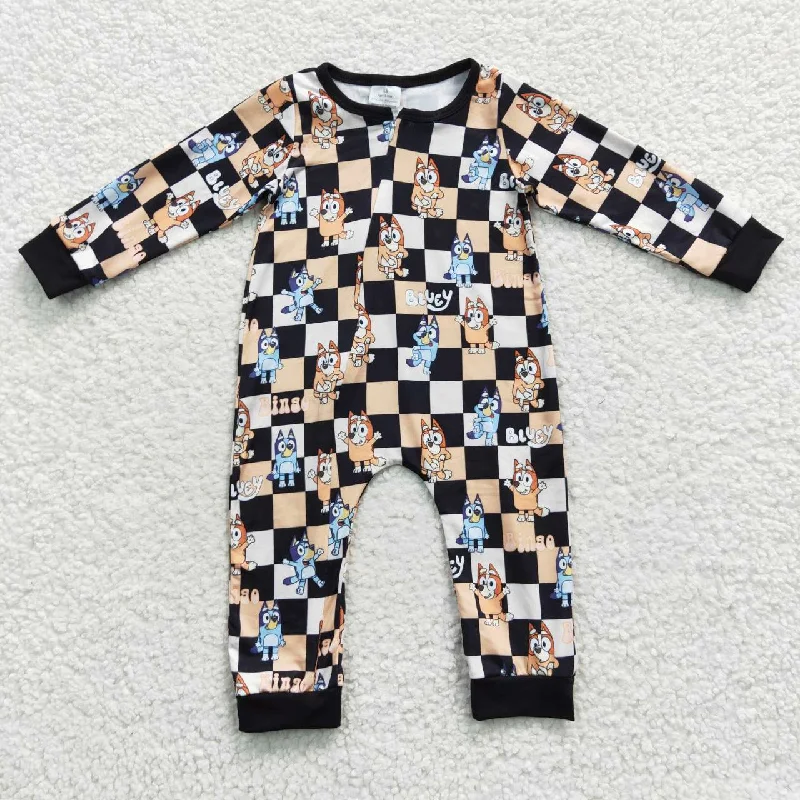 LR0359 Black Plaid Blue Dog Cartoon  Print   Zipper Girls Long Sleeve Romper Casual Men's Japanese 