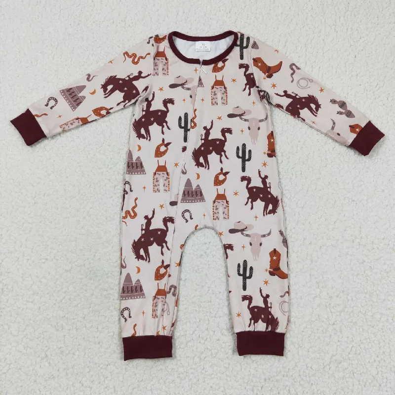 LR0344 Brown Rodeo Cow Zipper Girls Long Sleeve Romper Hip Men's Urban