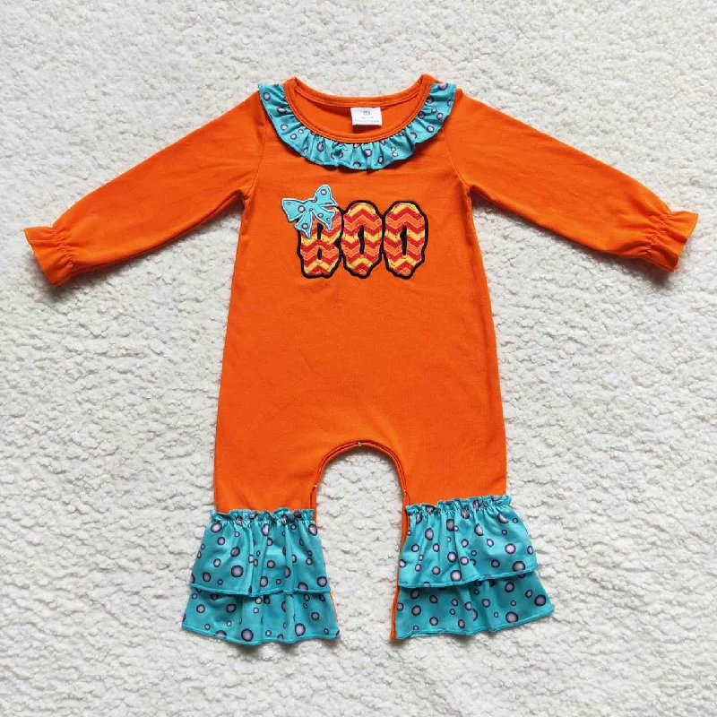 LR0619 Halloween Pumpkin Orange Blue Boo Embroidery Girls Long Sleeve Romper Trendy Men's Oversized