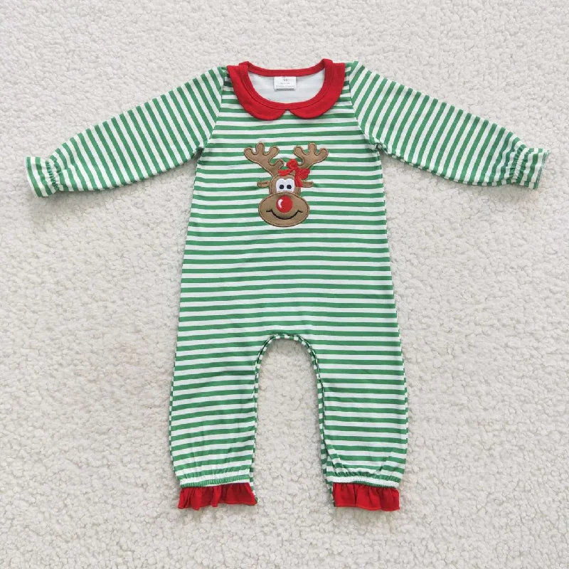 LR0339 Christmas Red Green Deer Embroidery Girls Long Sleeve Romper Luxurious Men's High