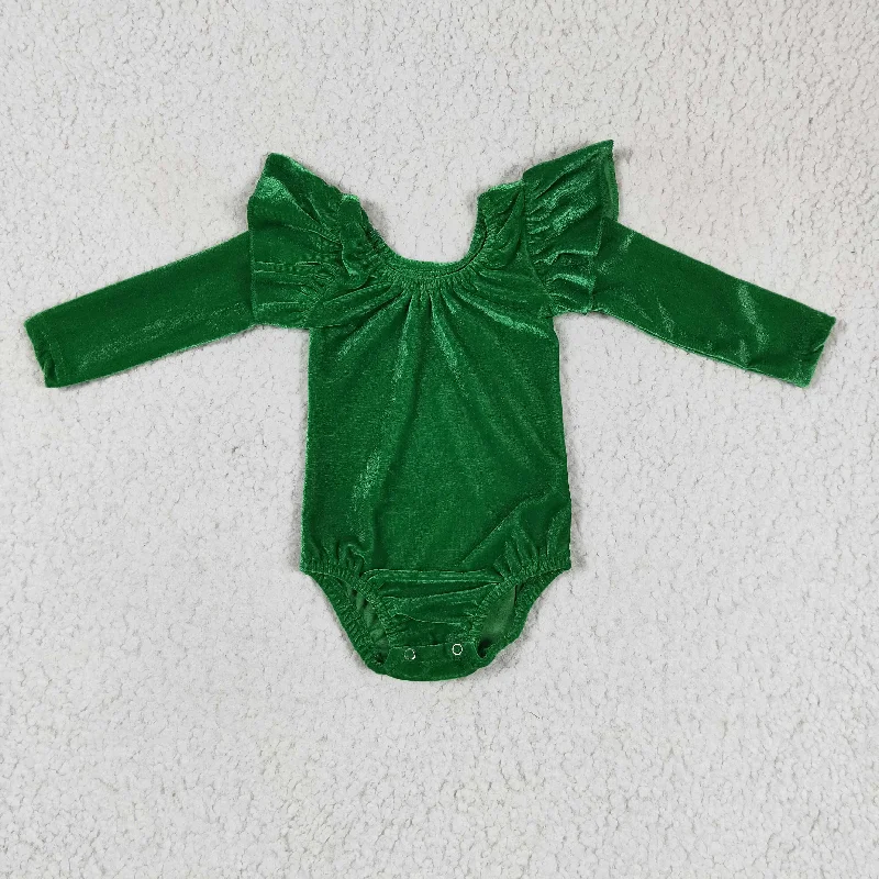 LR0212 Plain Green Velvet Ruffles  Girls Long Sleeve Romper Dynamic Men's Moto