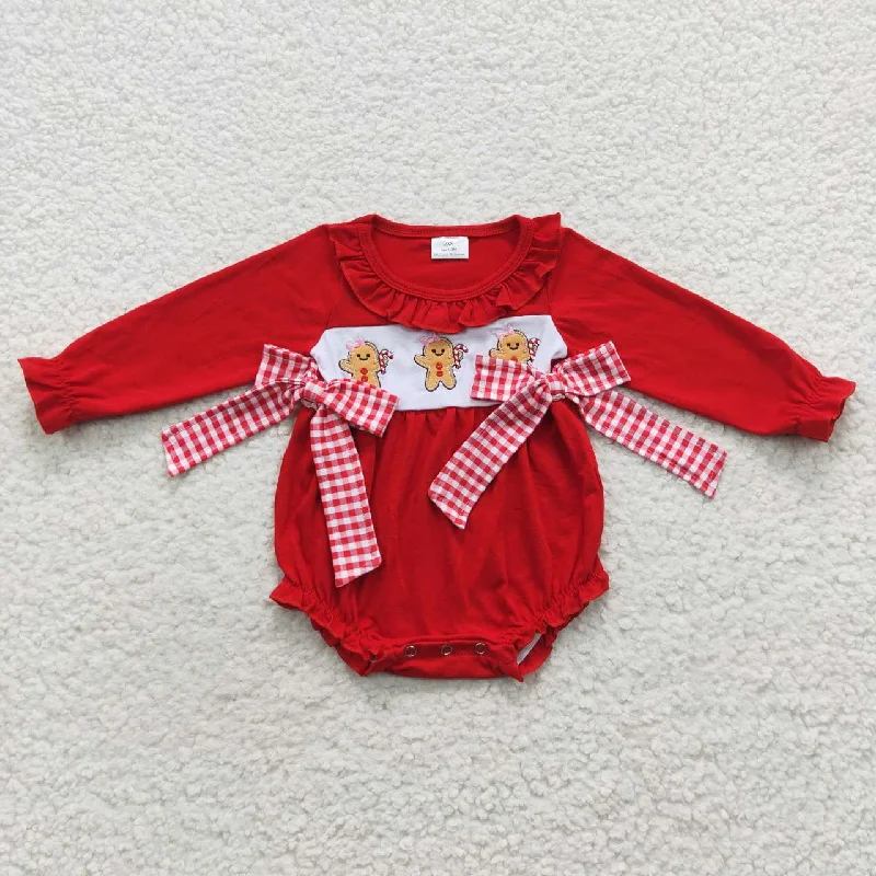 LR0393 Christmas Red Gingerbread Cartoon Embroidery Girls Long Sleeve Romper Practical Men's Quick