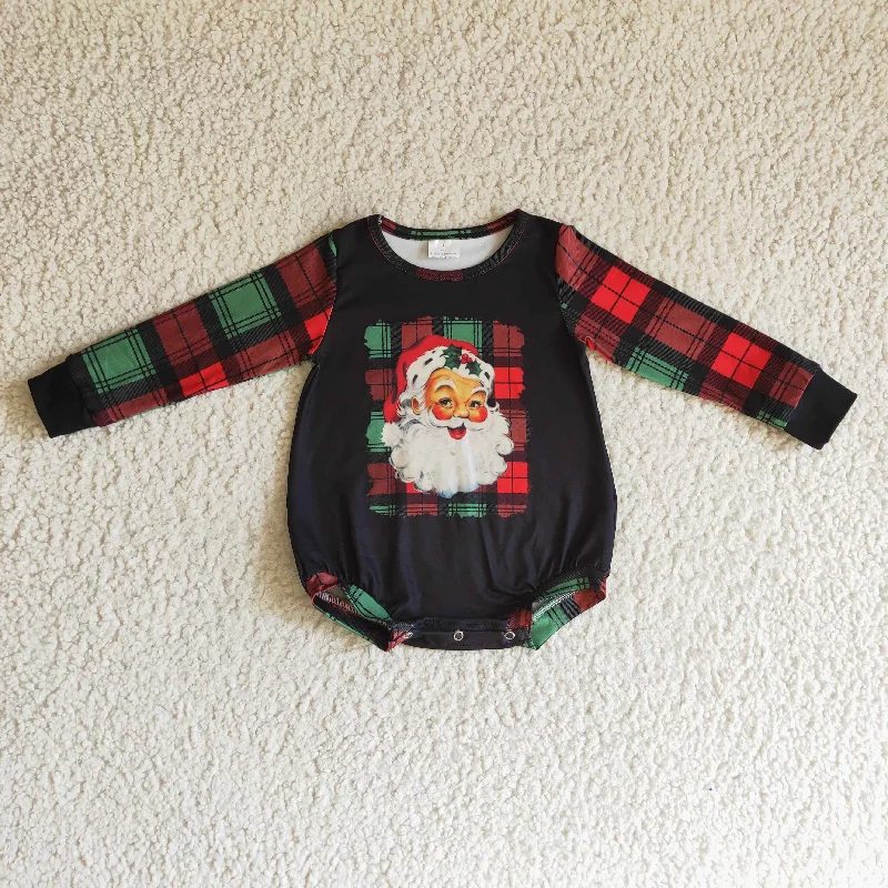 LR0177 Christmas Santa Black Red Green Plaid Girls Long Sleeve Romper Sophisticated Men's 