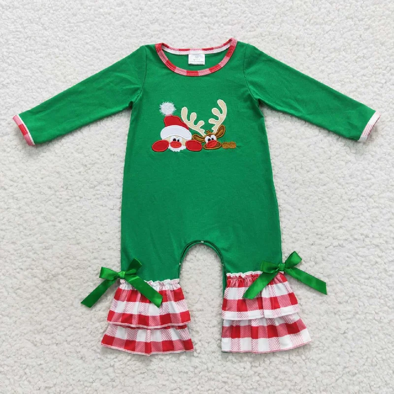 LR0395 Christmas Red Green Santa Embroidery Girls Long Sleeve Romper Elegant Men's Formal 