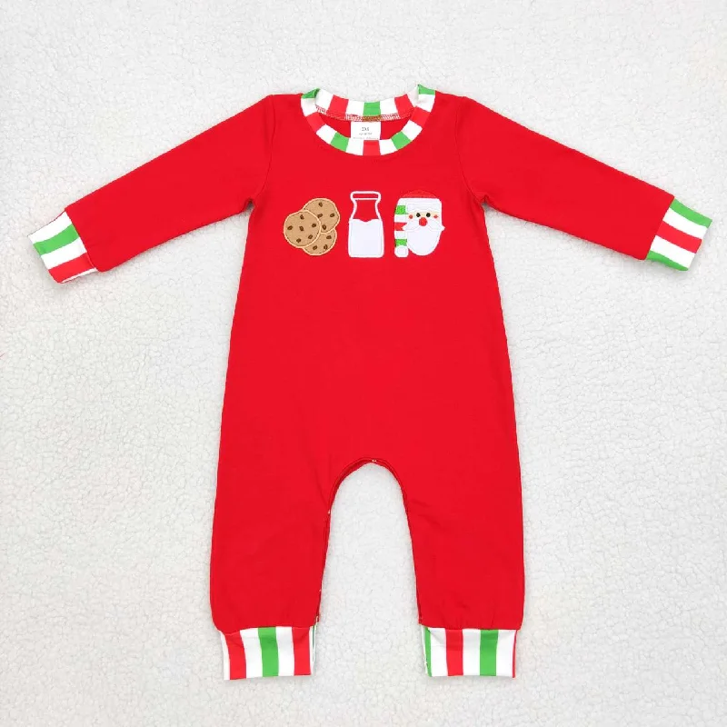 LR0629  Christmas Red Green Cookies Milk Santa  Embroidery Girls Long Sleeve Romper Confident Men's High