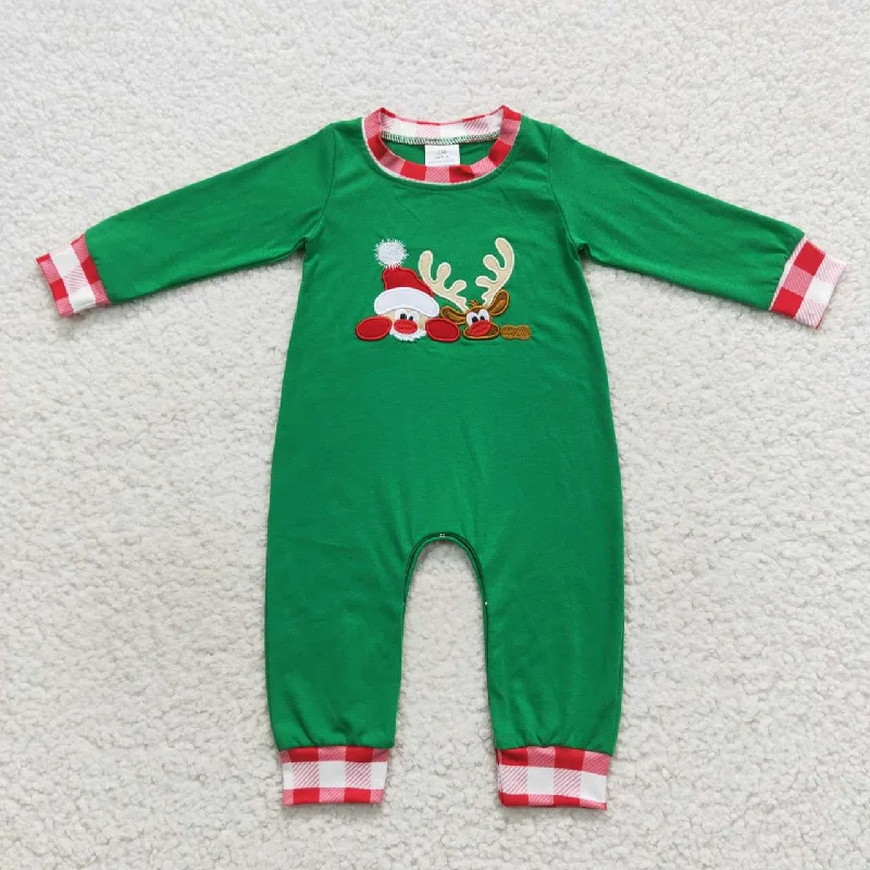 LR0396 Christmas Red Green Santa Embroidery Boys Long Sleeve Romper Adventure