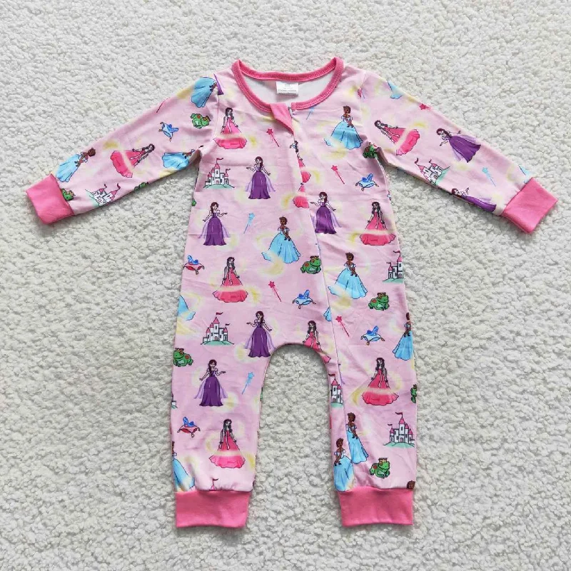 LR0468  Pink Princess Cartoon Zipper Girls Long Sleeve Romper Street