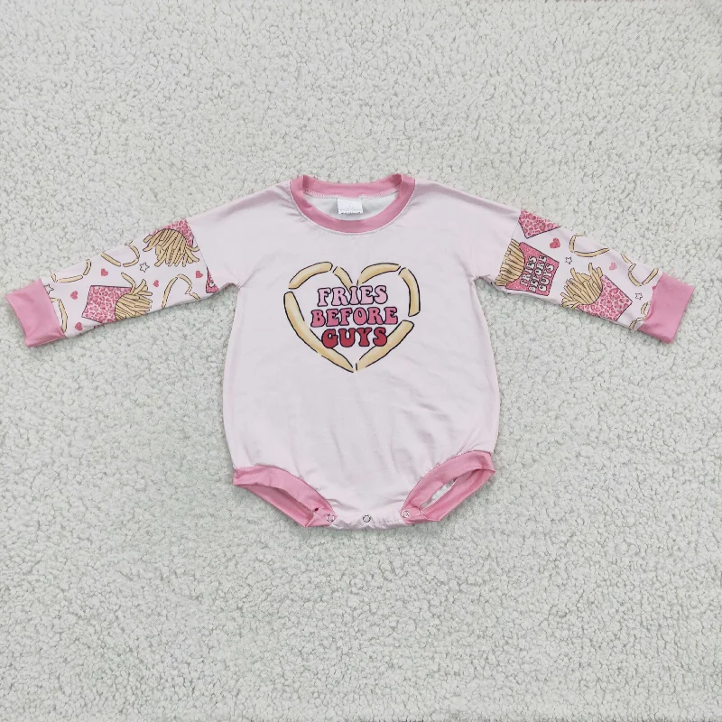 LR0231 Valentine Love Pink Bleach Fries Before Guys  Girls Long Sleeve Romper Business