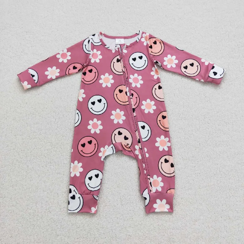 LR0649 Pink Smile Print Zipper Girls Long Sleeve Romper Trendy Men's Scandinavian