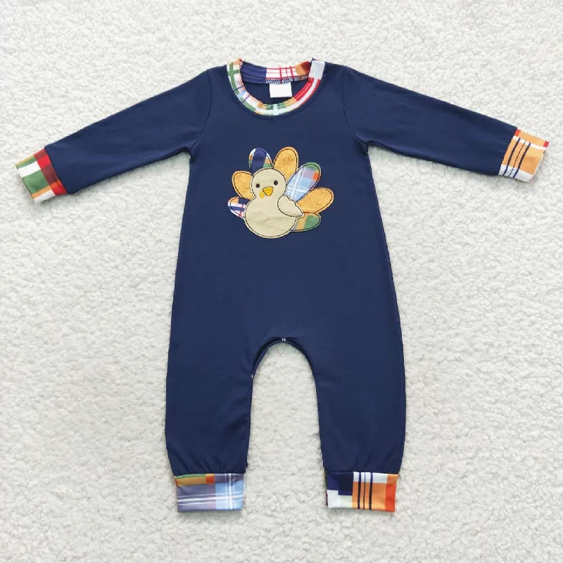 LR0367 Thanksgiving Blue Turkey Embroidery Boys Long Sleeve Romper Bohemian Men's Free