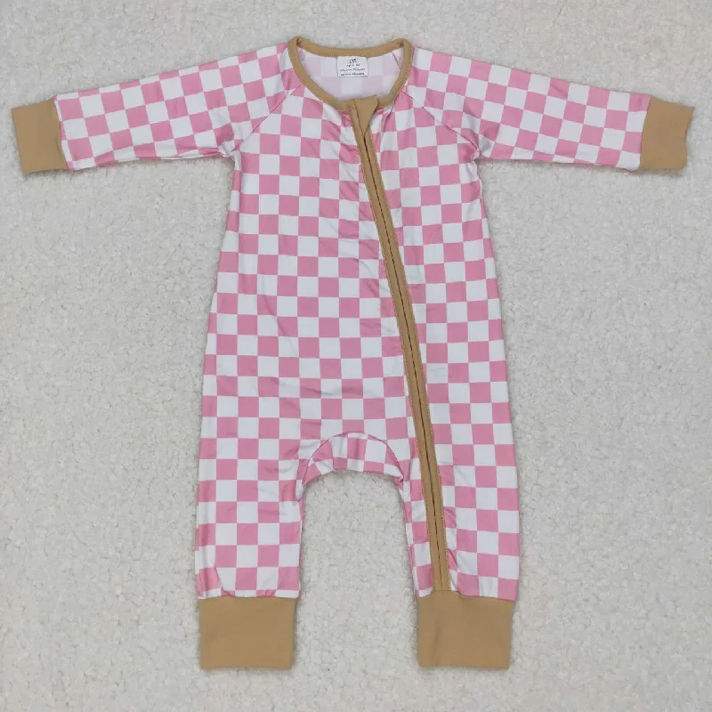 LR0731 Pink Plaid    Zipper Girls Long Sleeve Romper Modern Men's Tech