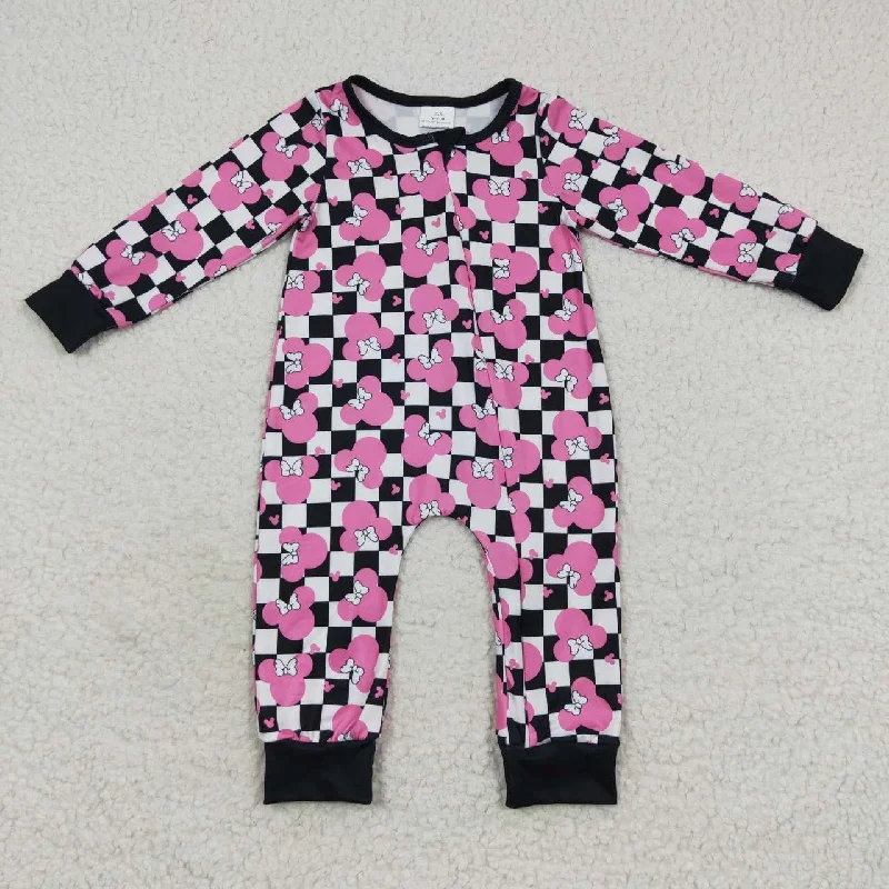 LR0478  Purple Black Plaid Pink M Mouse Zipper Girls Long Sleeve Romper Relaxed Men's Beach