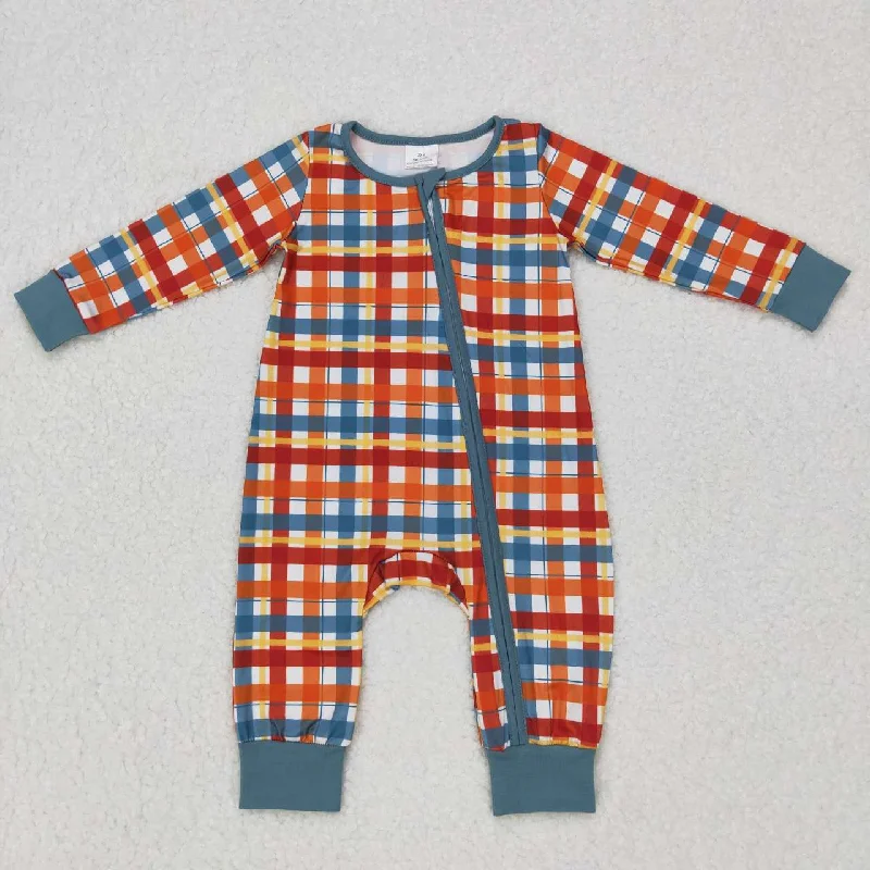 LR0622 Red Green Plaid    Zipper Boys Long Sleeve Romper Adventure