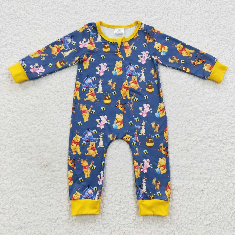 LR0347  Yellow Blue Bear Pig Cartoon Zipper Girls Long Sleeve Romper Luxurious Men's High