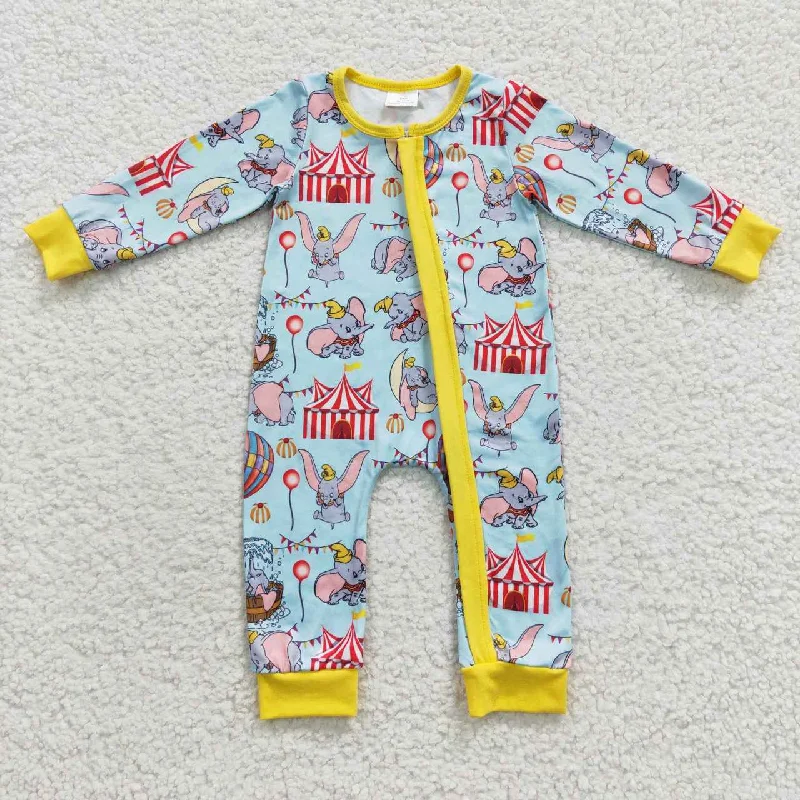 LR0346 Blue Yellow Alaphant Cartoon Print   Zipper Girls Long Sleeve Romper Beach