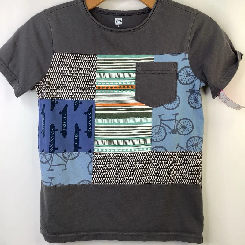 Size 10: Tea Collection Grey Colorful Pattern Patches T-Shirt Laid