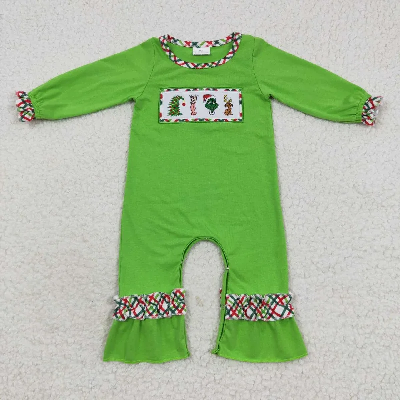 LR0324 Christmas Green Cartoon Embroidery Girls Long Sleeve Romper Monochromatic All