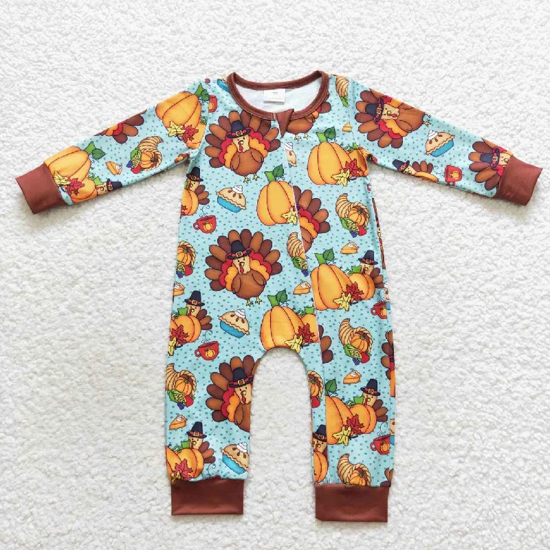 LR0581 Thanksgiving Turkey Pumpkin Zipper Boys Long Sleeve Romper Polished Men's Satin