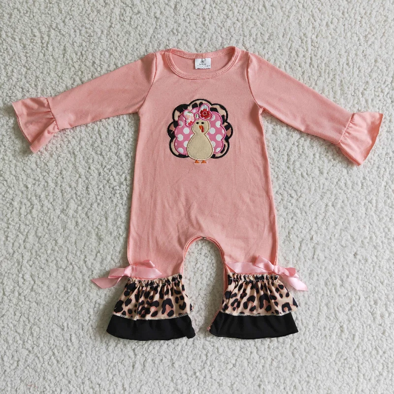 LR0112 Thanksgiving Turkey Leopard Pink Embroidery Girls Long Sleeve Romper Refined Men's Velvet