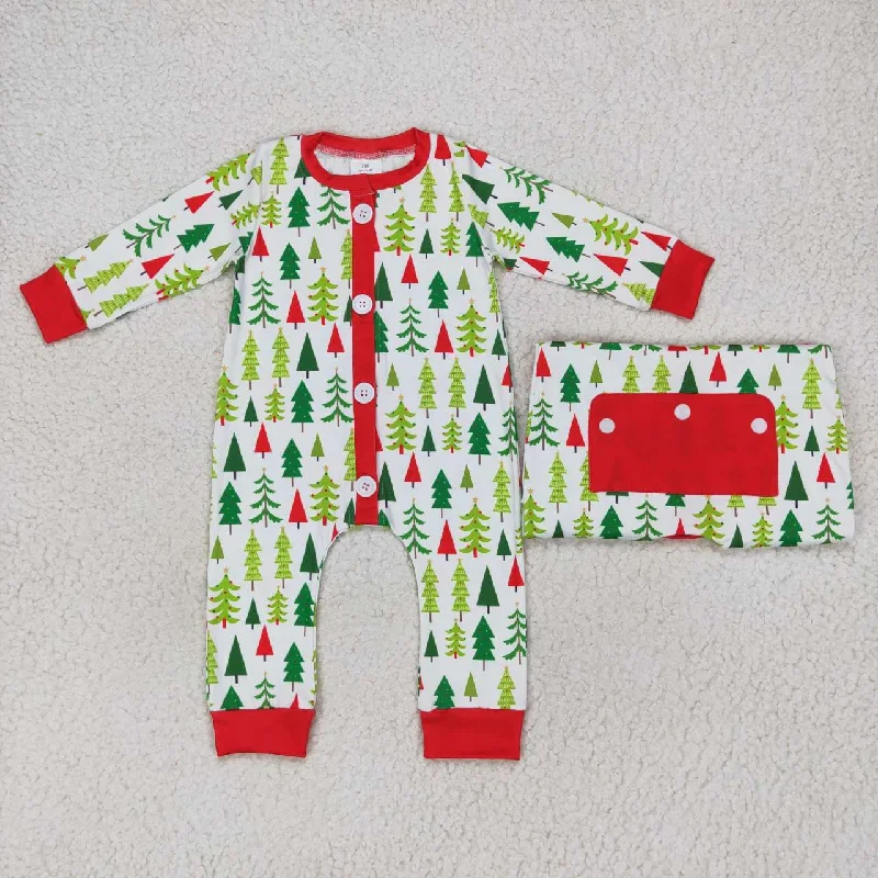 LR0627   Christmas Red Green Tree   Zipper Boys Long Sleeve Romper Masculine Men's 