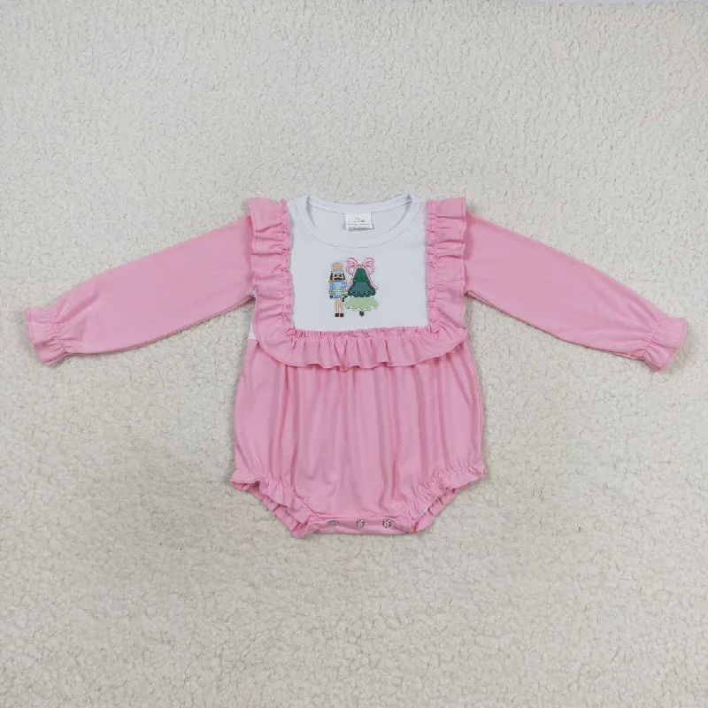 LR0480 Christmas Pink Tree  Embroidery Girls Long Sleeve Romper Masculine Men's Thick